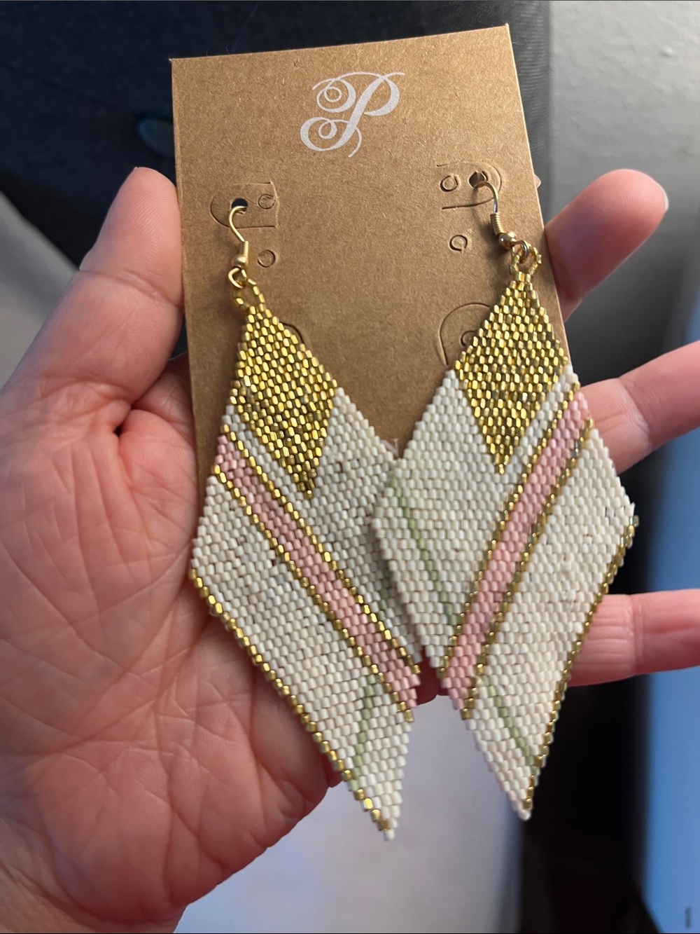 Beaded Chevron Drop Earrings - Gold, White & Pink
